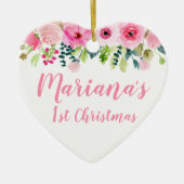 フォトオーナメントベビー第1回クリスマスピンクフローラ セラミックオーナメント (正面)