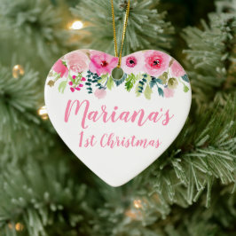 フォトオーナメント 赤ちゃんの初めてのクリスマス ピンクフラワー セラミックオーナメント