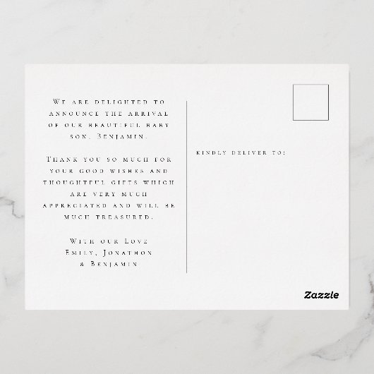 フォトオーバーレイありがとうBIrth発表フォイル 箔招待状ポストカード (裏面)