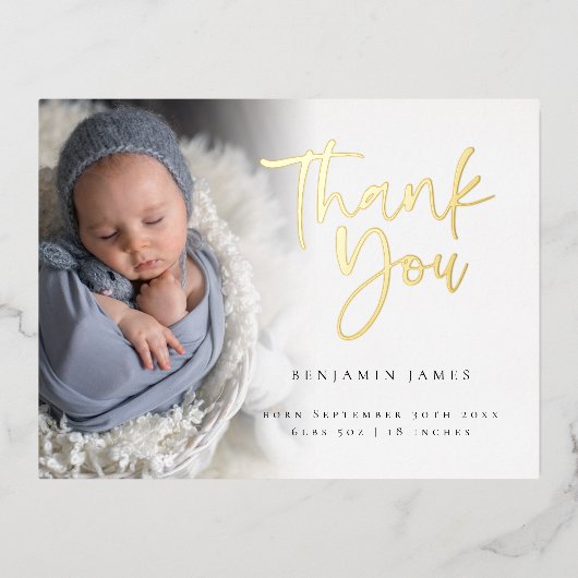 フォトオーバーレイありがとうBIrth発表フォイル 箔招待状ポストカード (正面)