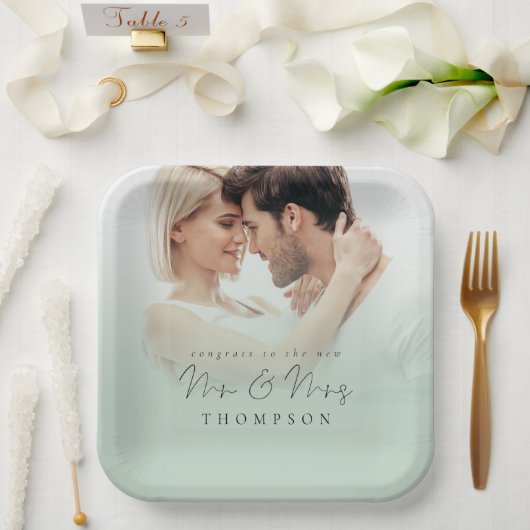 フォトオーバーレイおめでとうニューミセス・セージ ペーパープレート (ウェディング)