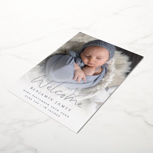 フォトオーバーレイへようこそ誕生発表ラグジュアリー 箔招待状 (回転した状態)