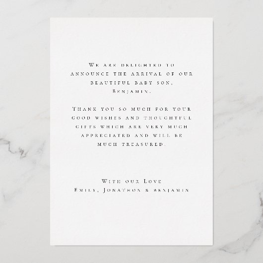 フォトオーバーレイへようこそ誕生発表ラグジュアリー 箔招待状 (裏面)