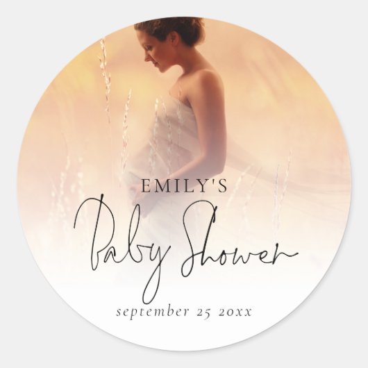 フォトオーバーレイエレガントスクリプトベビーシャワー ラウンドシール (正面)