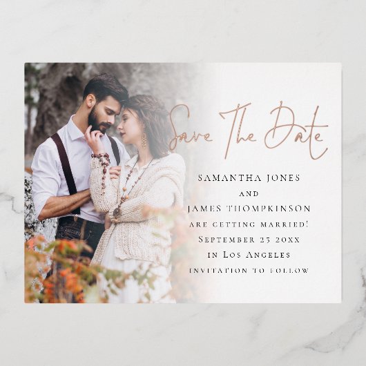 フォトオーバーレイスクリプト日付の実在保存 箔招待状ポストカード (正面)