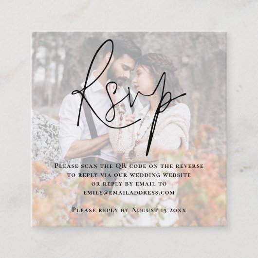 フォトオーバーレイスクリプトQRコードウェディングRSVP エンクロージャーカード (正面)