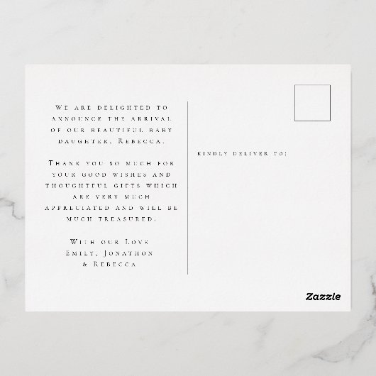 フォトオーバーレイフォイルBIrthのお知らせ 箔招待状ポストカード (裏面)