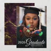 フォトオーバーレイブラック金ゴールド大理石卒業 案内状 (正面/裏面)