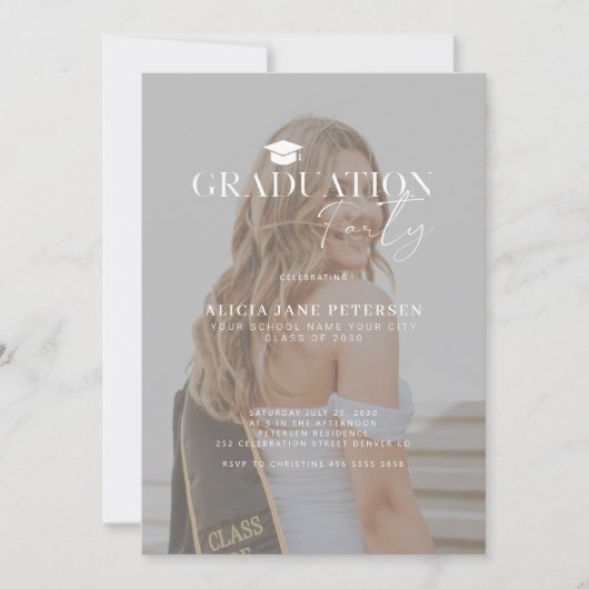 フォトオーバーレイモダンスクリプト卒業パーティー 招待状 (正面)