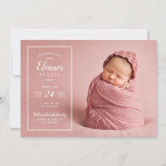 フォトオーバーレイモダンベビーガール誕生のお知らせ 案内状 (正面)