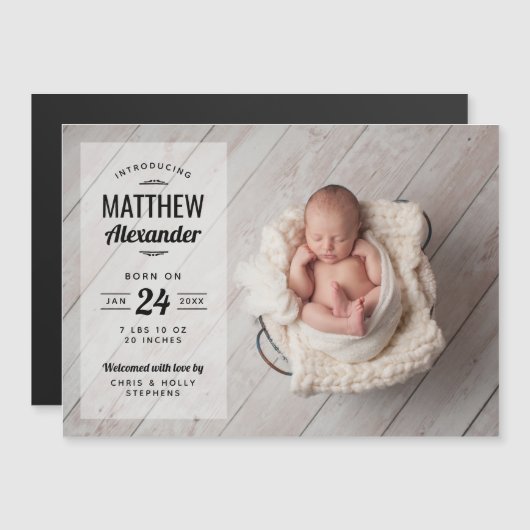 フォトオーバーレイモダン磁気出産の発表 マグネット招待状 (正面/裏面)