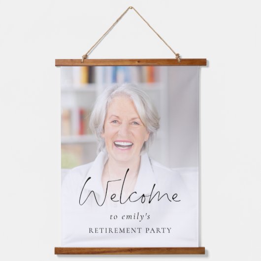 フォトオーバーレイモダン退職パーティーへようこそ 吊り下げ型タペストリー (正面)