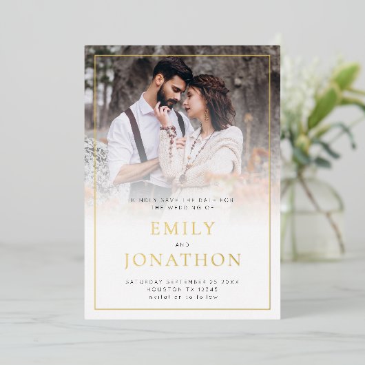 フォトオーバーレイラ縁どイン箔Dateカードを保存 箔招待状 (立ち正面)