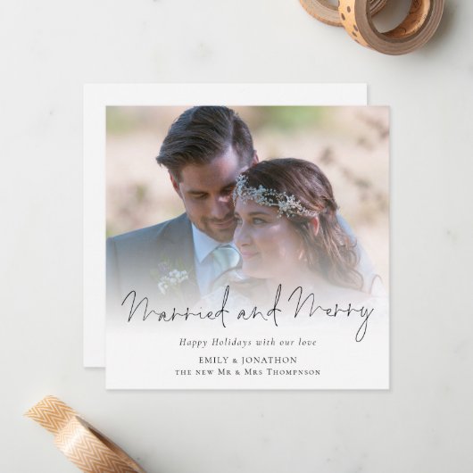 フォトオーバーレイ結婚したとメリークリスマス ノートカード (正面/裏面インサイチュ)