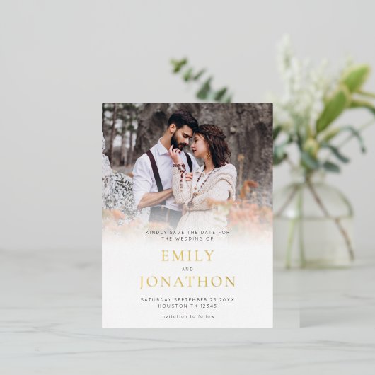 フォトオーバーレイ結婚式の日付フォイル葉書を保存 箔シーズンポストカード (立ち正面)