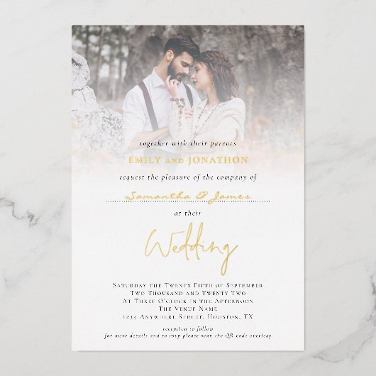 フォトオーバーレイ追加ゲスト名QRコード結婚の実在値 箔招待状 (正面)