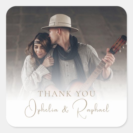 フォトオーバーレイ金ゴールド文字ボホ結婚の感謝 スクエアシール (正面)