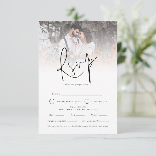 フォトオーバーレイQR食事の選択肢ウェディングRSVP 出欠カード (スタンド正面)