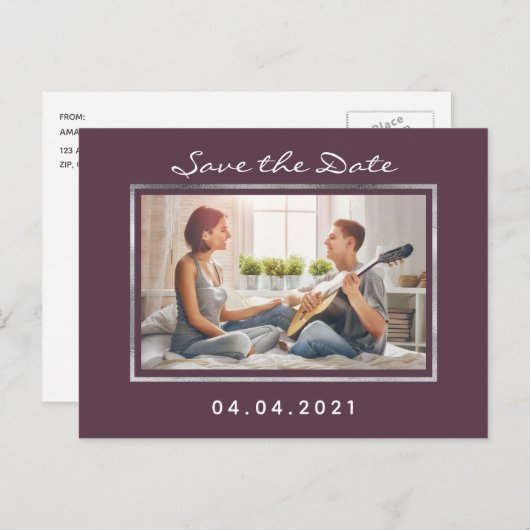 フォトカシス紫色の結婚式の日付を保存 案内ポストカード (正面/裏面)