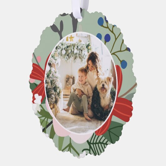フォトカスタムパーソナライズされたクリスマス冬花 オーナメントカード (左)