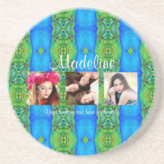 フォトカスタム文字テンプレート孔雀テーマカラフル コースター (正面)