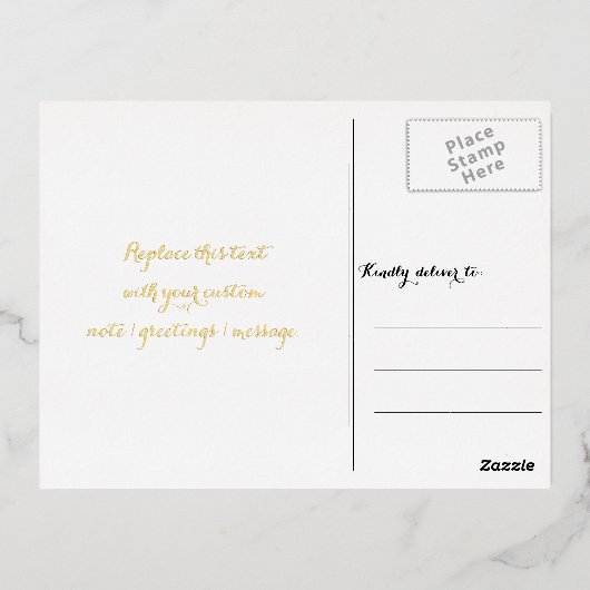 フォトカスタム文字パーソナライズされたゴールドフォイルを作成 箔招待状ポストカード (裏面)