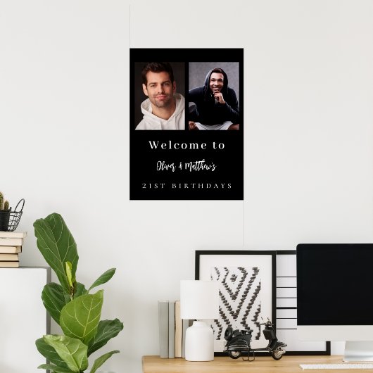 フォトカスタム白黒友達の誕生日へようこそ ポスター (ホームオフィス)