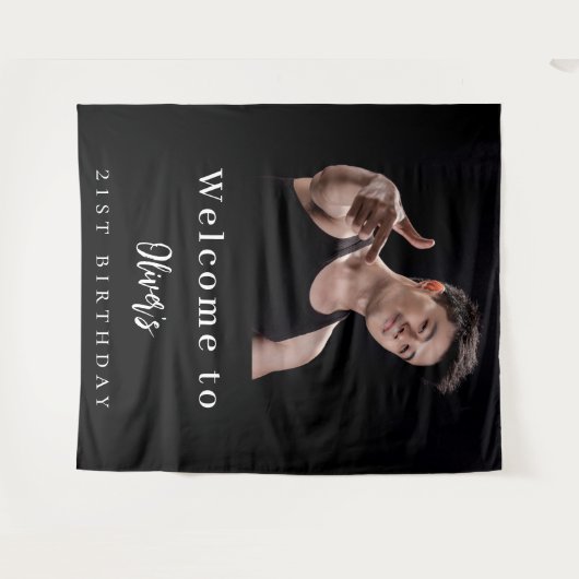 フォトカスタム白黒誕生日へようこそ タペストリー (正面(横))