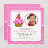 フォトカップケーキ誕生日招待状4thバースデーピンク 招待状 (正面/裏面)