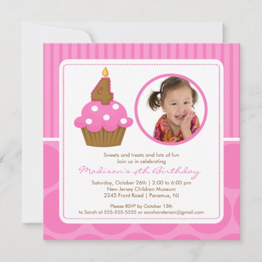 フォトカップケーキ誕生日招待状4thバースデーピンク 招待状 (正面)