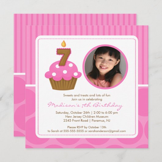 フォトカップケーキ誕生日招待状7th誕生日ピンク 招待状 (正面/裏面)