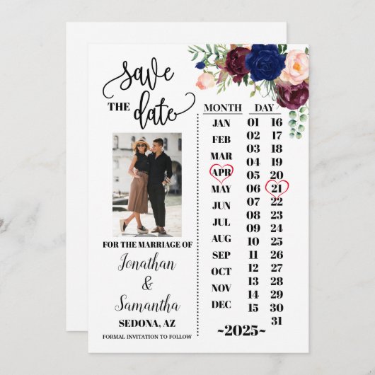 フォトカレンダーは、海軍のブルゴーニュの日付を結婚保存します 招待状 (正面/裏面)