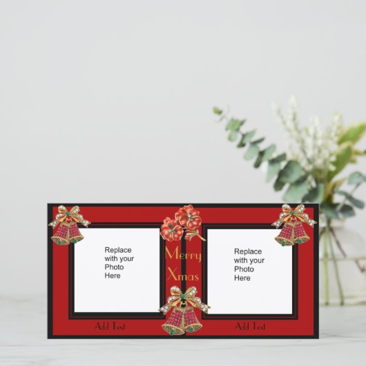 フォトカードブラック金ゴールドフローラダブルクリスマス シーズンカード (スタンド正面)