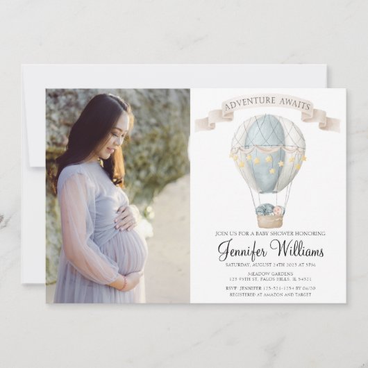 フォトカード招待ホットエアバルーン赤ちゃんシャワー 招待状 (正面)