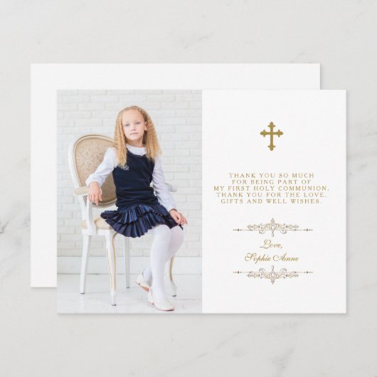 フォトガールエレガント金ゴールドクロスファースト聖餐式 サンキューカード (正面/裏面)