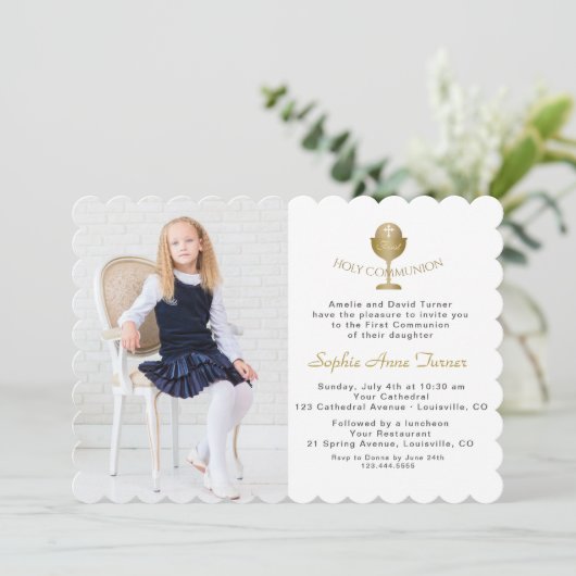 フォトガールエレガント金ゴールド聖餐式 招待状 (スタンド正面)