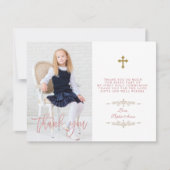 フォトガールクロスファースト聖餐式バラ金ゴールド サンキューカード (正面)