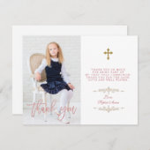 フォトガールクロスファースト聖餐式バラ金ゴールド サンキューカード (正面/裏面)