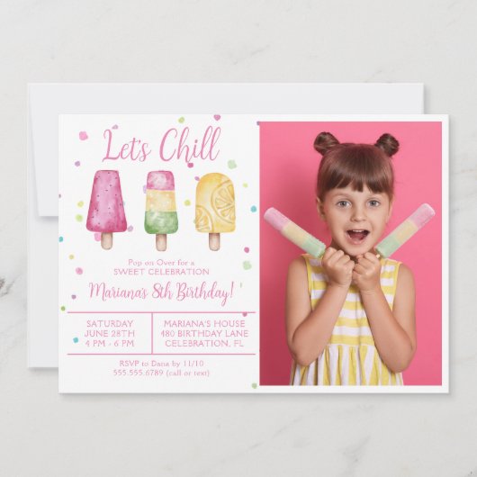フォトガールサマーレッツチルポップシクル誕生日 招待状 (正面)