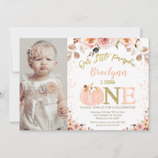 フォトガールズ素朴秋カボチャ1st誕生日 招待状 (正面)