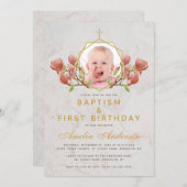 フォトガールバプティスピンクマグノリアファースト誕生日 招待状 (正面/裏面)