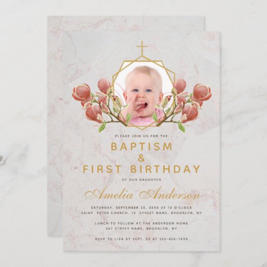 フォトガールバプティスピンクマグノリアファースト誕生日 招待状 (正面/裏面)