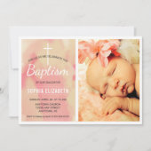 フォトガールバプテスマ、水彩ピンクと金ゴールド 招待状 (正面)