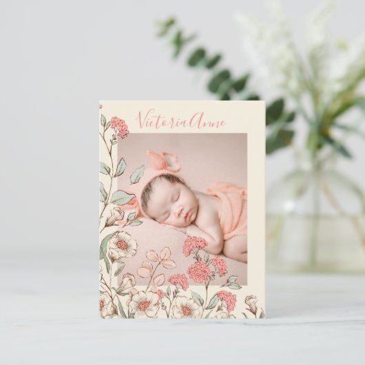 フォトガールパーソナライズされたフローラ誕生のお知らせ ポストカード (スタンド正面)