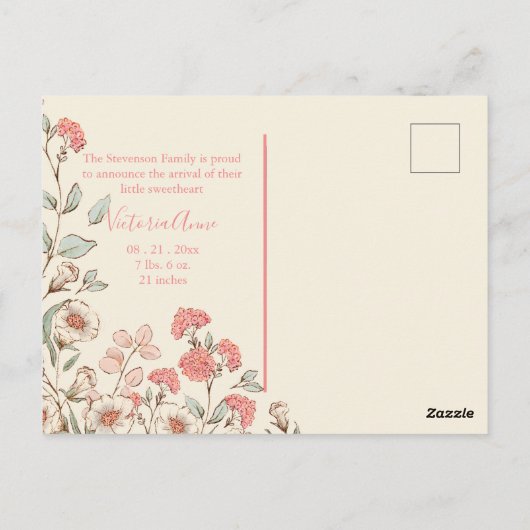フォトガールパーソナライズされたフローラ誕生のお知らせ ポストカード (裏面)