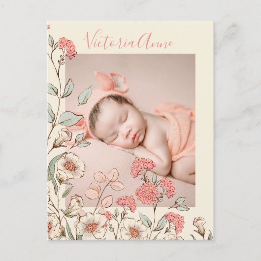 フォトガールパーソナライズされたフローラ誕生のお知らせ ポストカード (正面)