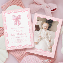フォトガールピンクコケットボウバースデーパーティー 招待状