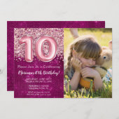 フォトガールマゼンタピンクグリッター10誕生日 招待状 (正面/裏面)