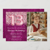 フォトガールマゼンタピンクグリッター13誕生日 招待状 (正面/裏面)