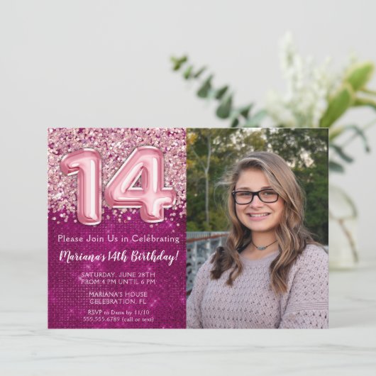 フォトガールマゼンタピンクグリッター14誕生日 招待状 (スタンド正面)